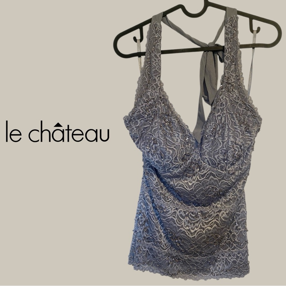 Le Château Blue-Gray Lace Halter Top Size Small